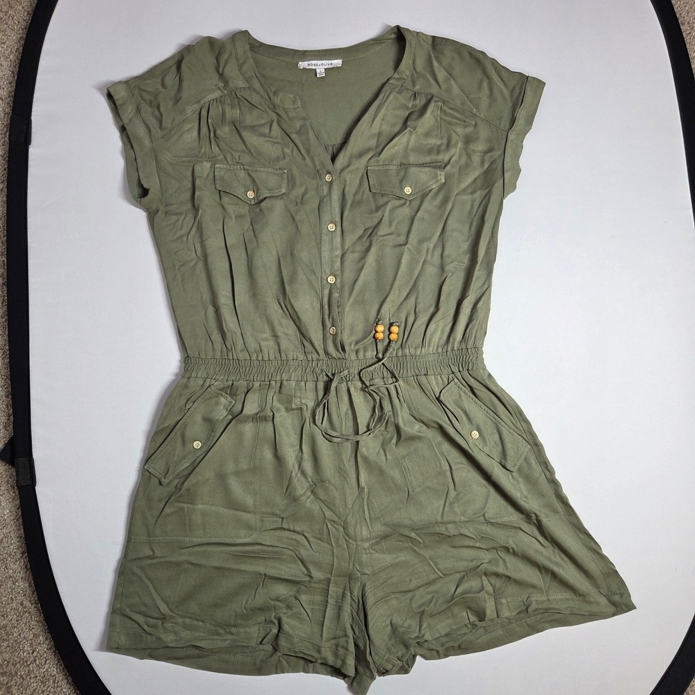 Rose + Olive Womens Olive Green Utility Button Front Romper Size Large‎